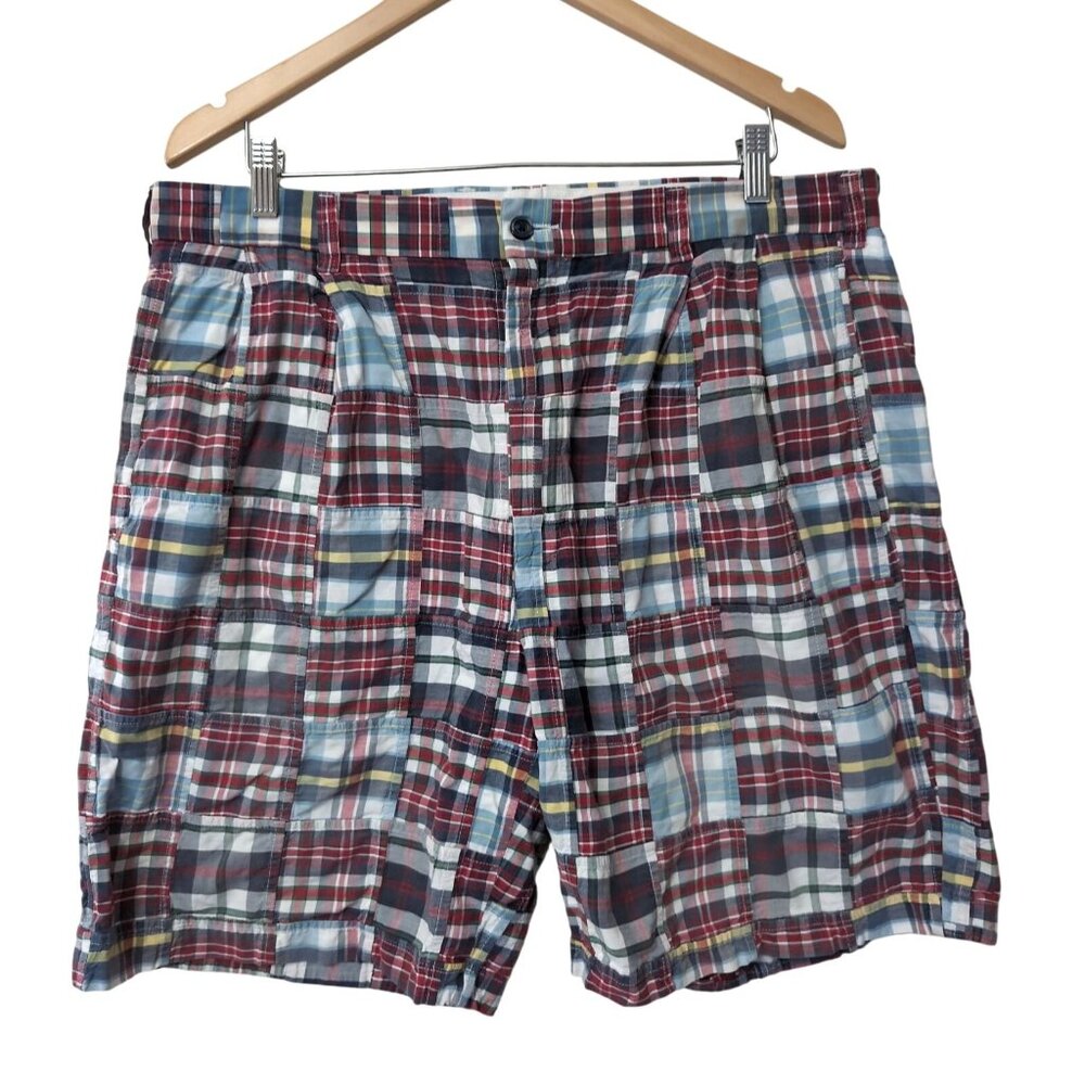 Jos A Bank Madras Patchwork Short Men 36 Red Blue Plaid Casual Golf Preppy Beach